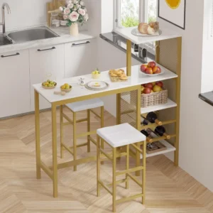 Bar Table and Chairs Set for 2, 3-Piece Dining Set with Storage Shelves