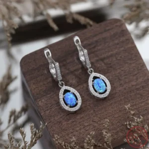 925 Sterling Silver Hollow Round Blue Opal Stud Earrings