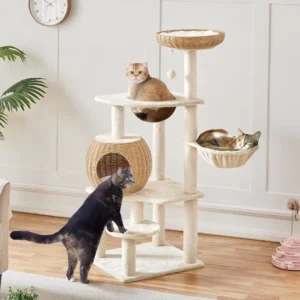 "Luxury 54in Rattan Cat Tree with Condo, Bowl & Scratch Posts"
