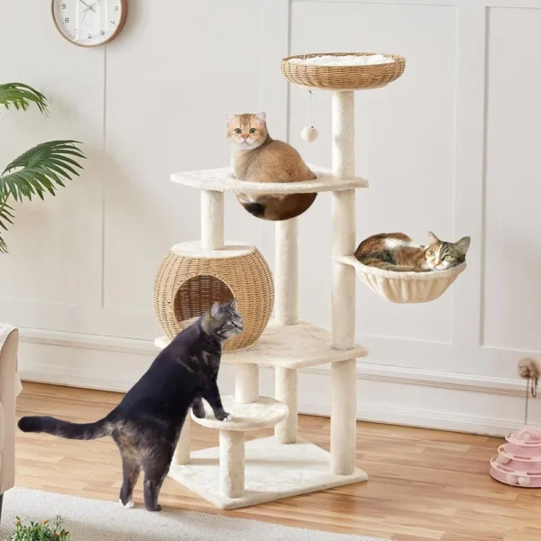 "Luxury 54in Rattan Cat Tree with Condo, Bowl & Scratch Posts"