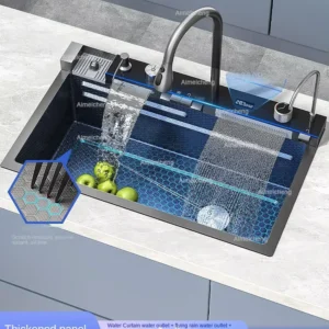Premium Stainless Steel Smart Sink (2025) – Waterfall Flow, Honeycomb Protection, Digital Controls & Cup Washer